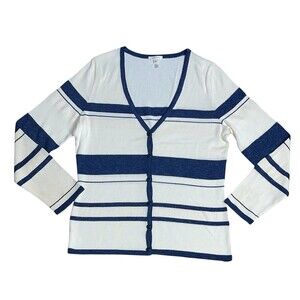 Escada Cardigan Womens 38 Cotton Blend Blue White Stripe Button V- Neck